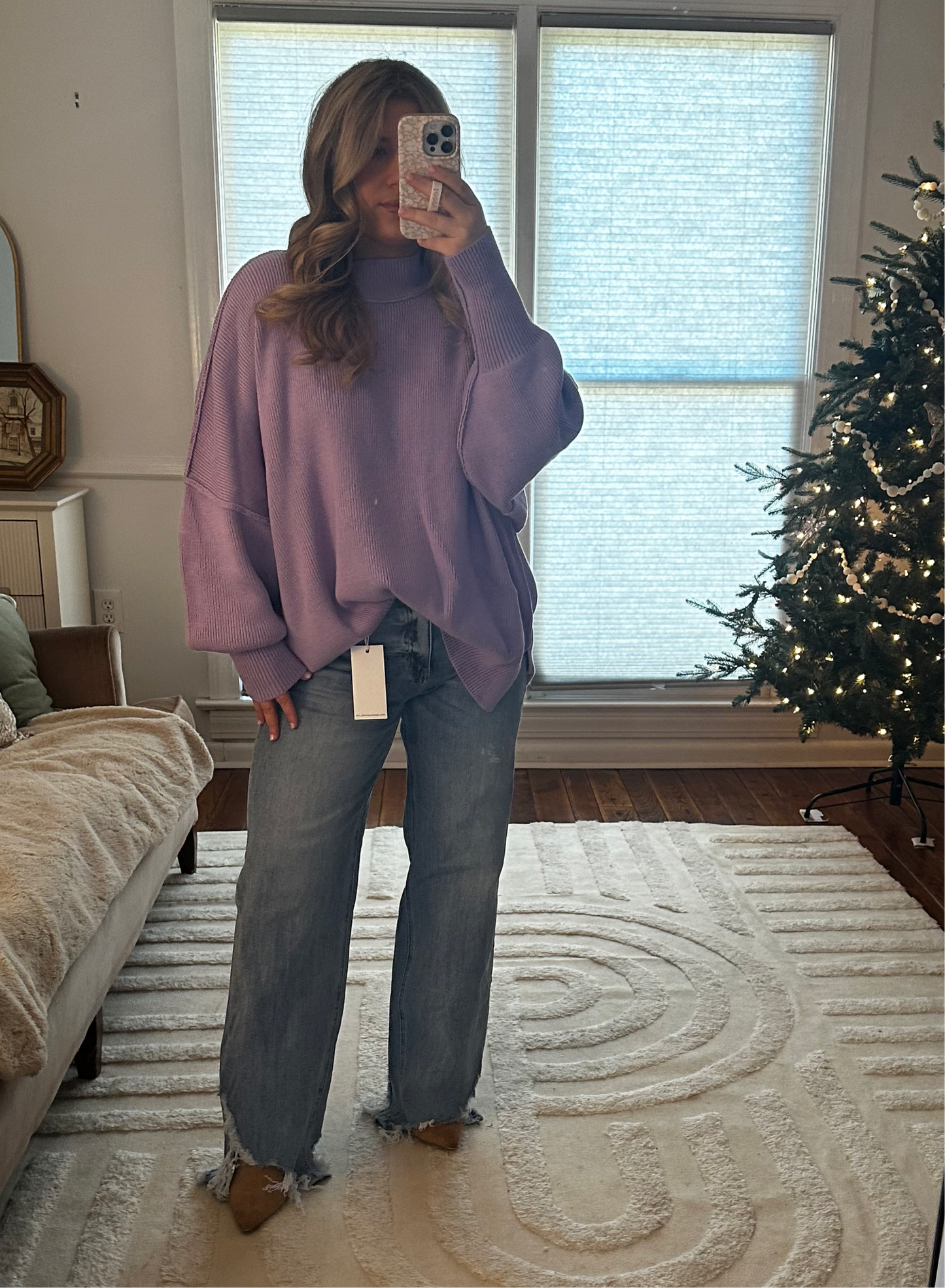 Lavender Side Slit Oversized MockNeck Sweater