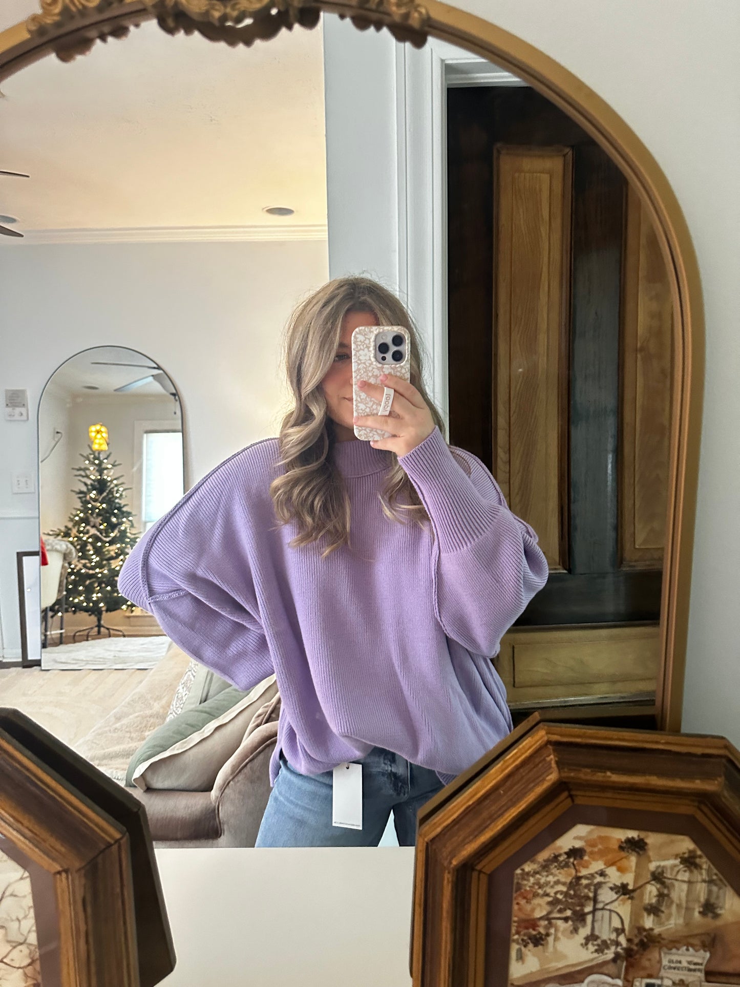 Lavender Side Slit Oversized MockNeck Sweater