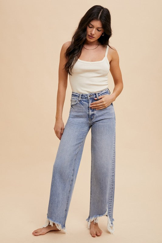 Asymmetrical Distressed Hem Straight Fit Jeans - Modern Muse Collective