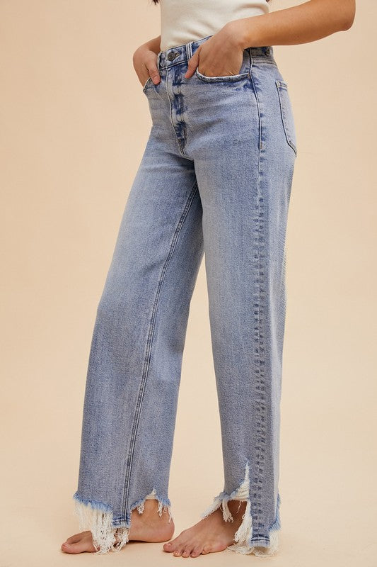 Asymmetrical Distressed Hem Straight Fit Jeans - Modern Muse Collective