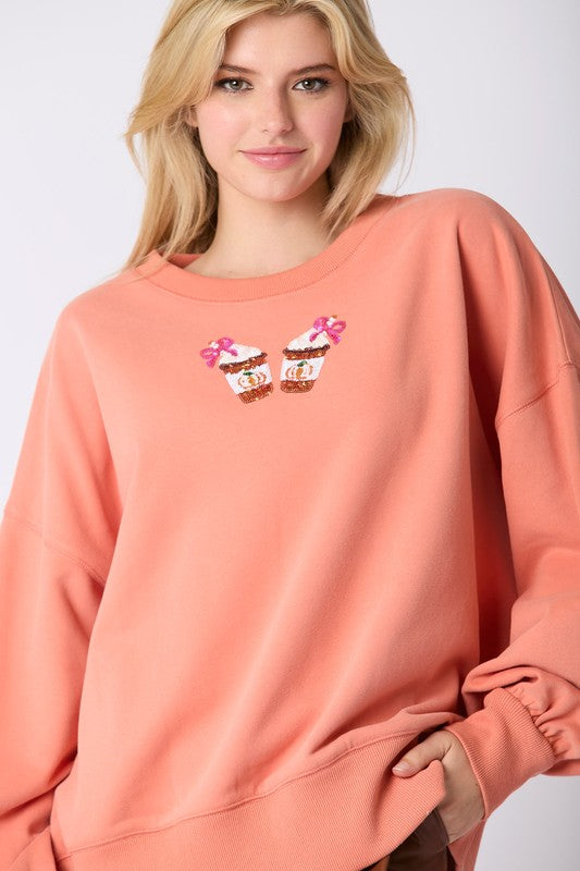 Pumpkin Latte Embroidered Sweatshirt- Peach